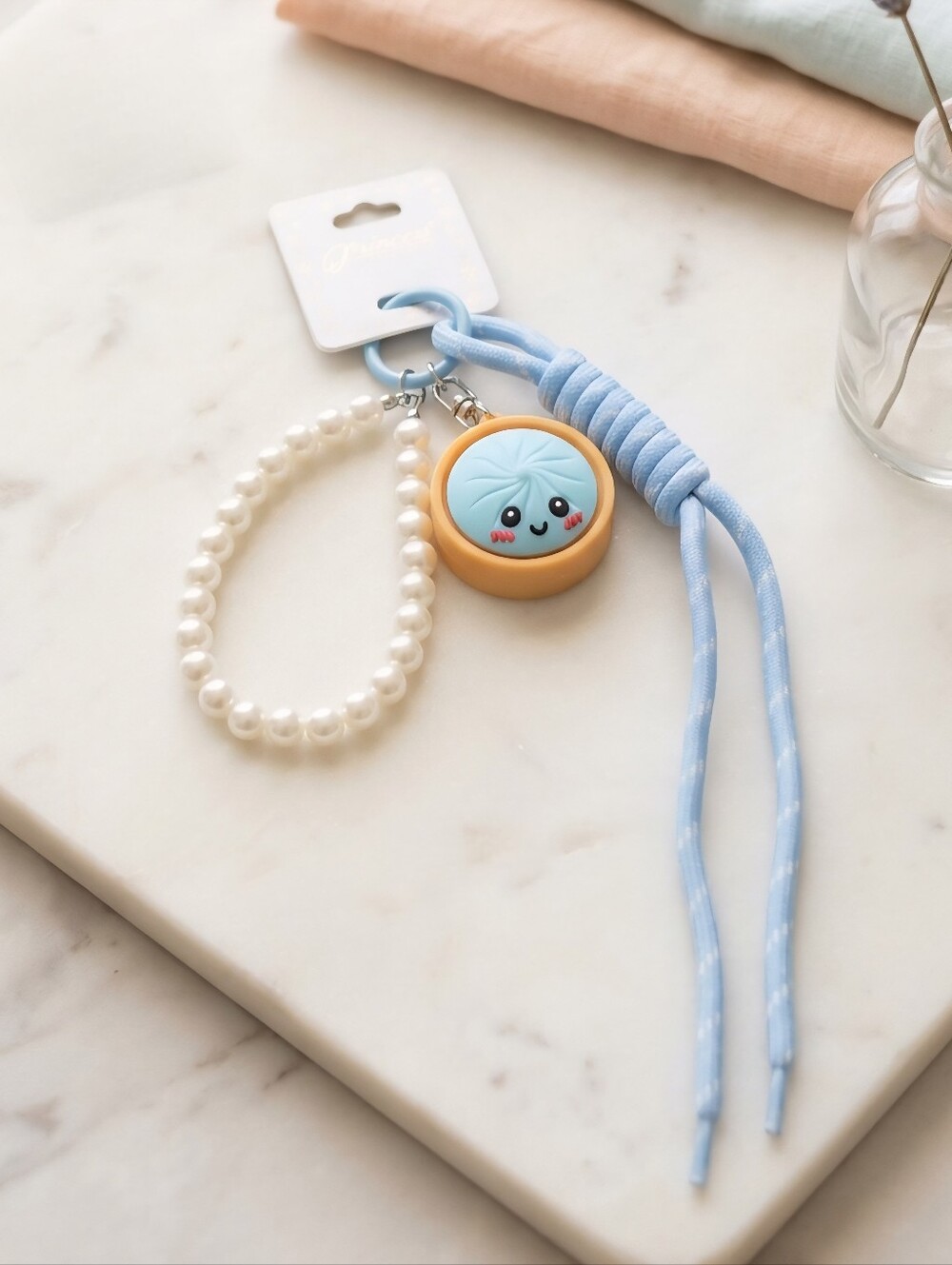 Blue Dumpling Charm Keychain with Pearl Bracelet